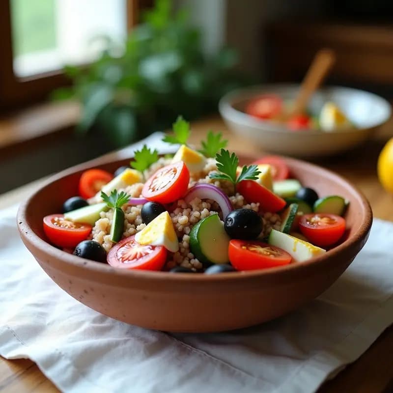 Ensalada de la huerta con ventresca y atún servida en un bol de barro, con tomate pera en gajos, pepino en medias lunas, cebolla morada en juliana, pimiento verde en tiras, huevo duro en cuartos, aceitunas negras y ventresca de atún. Aderezada con aceite de oliva y perejil fresco, sobre un mantel de lino blanco con fondo rústico.