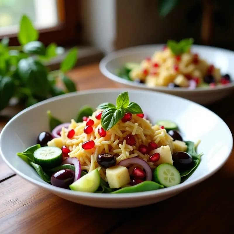 Ensalada fresca en bol blanco con Jackfruit desmenuzado, aceitunas Kalamata negras, granos de granada rojos brillantes, pepino verde y cebolla morada sobre hojas de espinaca. Vinagreta dorada con especias y albahaca fresca como decoración. Receta griega vegana de ensalada de Jackfruit y aceitunas Kalamata con vinagreta de granada.