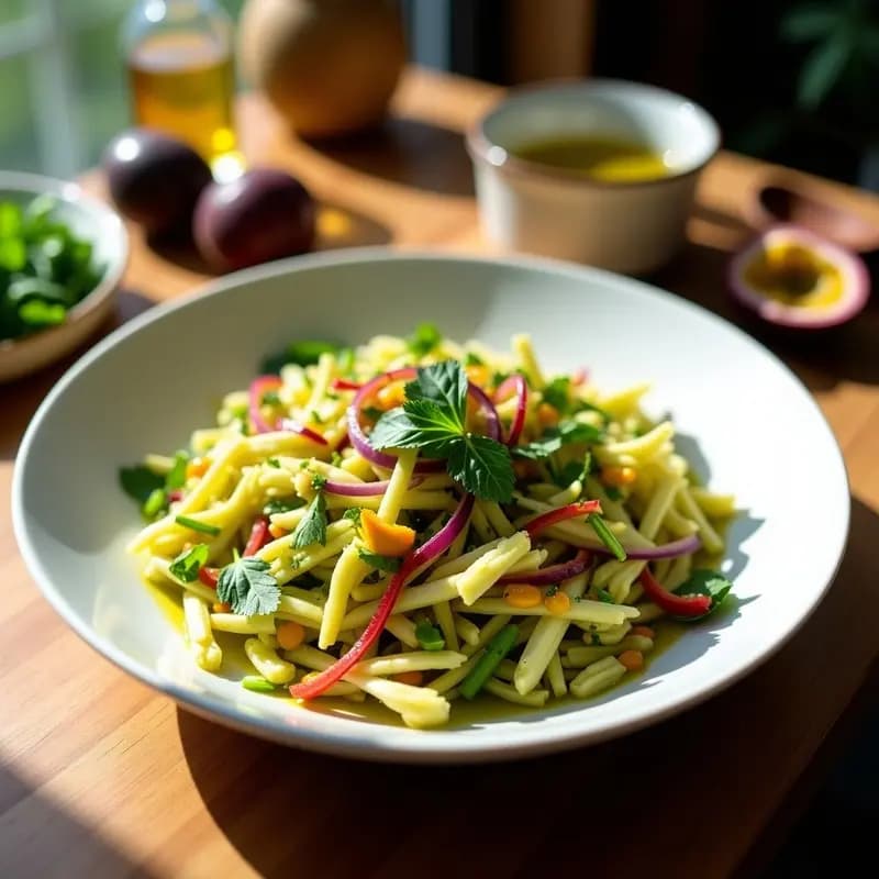 Ensalada fresca de jackfruit verde desmenuzado con cebolla morada en juliana, pimiento rojo en tiras y cilantro, bañada en una vinagreta amarilla de maracuyá. Servida en un bol blanco sobre fondo de madera rústica.