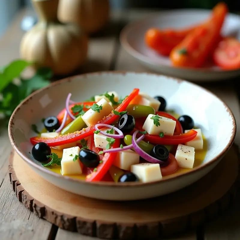 Plato hondo de cerámica blanca con ensalada jaracha manchega: trozos de bacalao desalado, tiras de pimiento asado rojo y verde, aceitunas negras y moradas, cebolla morada en juliana fina, perejil fresco picado y un hilo de aceite de oliva virgen extra brillando bajo la luz.