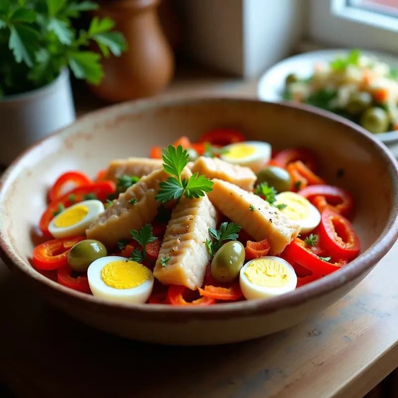 Ensalada jarochita de bacalao y pimientos servida en un plato hondo de barro, con bacalao desmenuzado, tiras de pimientos asados rojos y verdes, zanahoria rallada, cebolla morada, huevo duro en rodajas y aceitunas verdes, todo aliñado con aceite de oliva y decorado con perejil fresco.
