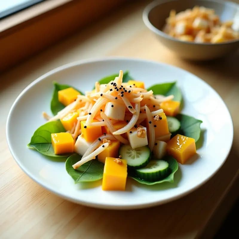 Ensalada japonesa fresca de kani kama desmenuzado y mango maduro en cubos, con pepino, shiso y sésamo negro, servida en un bol de cerámica blanca con aderezo brillante de jengibre y limón yuzu.