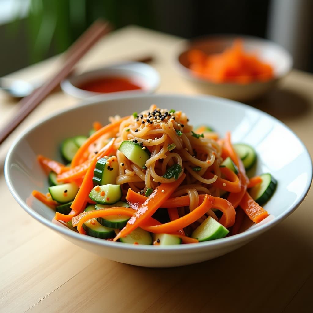 Ensalada fresca de kimchi y pepino en juliana fina, bañada en vinagreta de gochujang rojiza, decorada con semillas de sésamo tostadas y servida en un bol de cerámica blanca sobre fondo de madera clara.