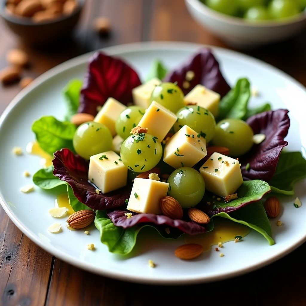 Ensalada francesa elegante con lechuga morada, cubos de queso Kiri cremoso, uvas blancas brillantes y almendras laminadas tostadas, bañada en una vinagreta dorada de miel y mostaza, decorada con cebollino picado.