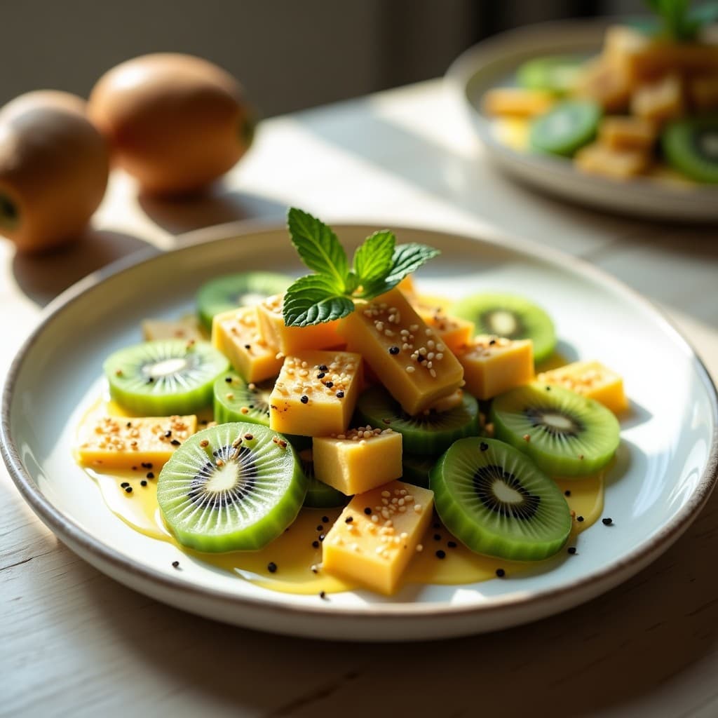 Ensalada fresca de rodajas de kiwi verde y amarillo, pepino inglés en láminas finas y cubos de queso halloumi dorado, decorada con sésamo tostado, semillas de amapola y hojas de menta. Aderezo brillante de miel y sésamo sobre un plato blanco rústico con fondo de madera clara, iluminación natural veraniega.