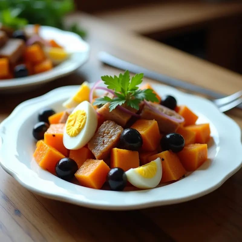 Ensalada de Lanzarote con batata en cubos dorados, ventresca de atún desmenuzada, huevo duro en rodajas, cebolla morada y aceitunas negras, servida en plato blanco rústico con aliño brillante y perejil fresco.