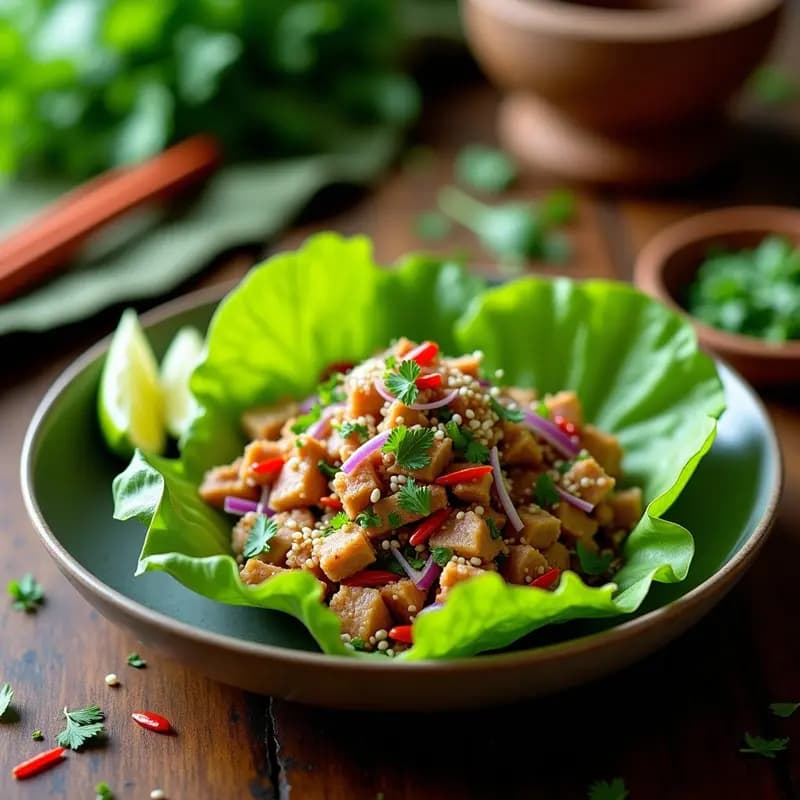Plato hondo de cerámica blanca con ensalada larb de pollo y hierba de limo sobre hojas de lechuga butter, decorada con chiles rojos, semillas de sésamo y hierbas frescas, con fondo de madera rústica y limones al lado.