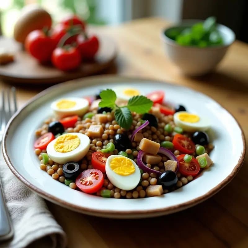 Ensalada fría de lentajas con trozos de ventresca de atún, huevos duros en cuartos, cebolla morada, pimiento verde y tomate, aderezada con vinagreta de aceite de oliva y vinagre de Jerez, decorada con perejil fresco.