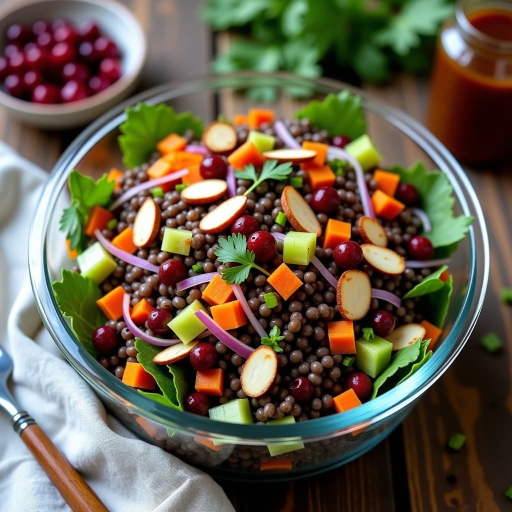 Ensalada fría de lentejas beluga oscuras mezcladas con arándanos secos, zanahoria rallada, apio y cebolla morada en un tupper transparente. Vinagreta de vinagre balsámico brillante y almendras fileteadas tostadas espolvoreadas por encima. Plato antioxidante y vegano listo para llevar.