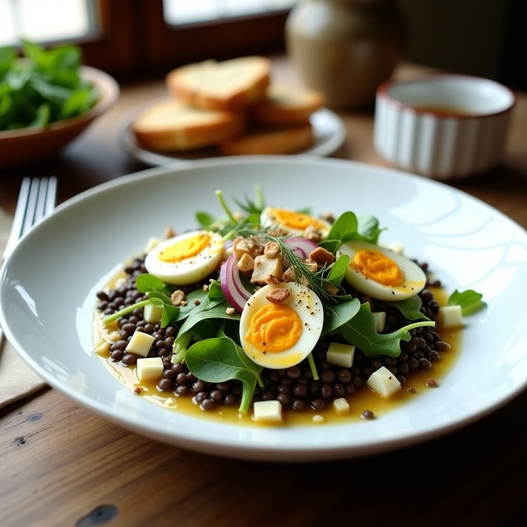 Ensalada de lentejas Beluga y ceutí con vinagreta de sidra servida en plato hondo de cerámica blanca. Base de rúcula verde, lentejas negras brillantes, trozos de ceutí desmenuzado, huevo duro en cuartos, rodajas de apio, juliana de cebolla morada, cubos de manzana verde y almendras fileteadas tostadas. Vinagreta de sidra dorada rociada por encima y eneldo fresco espolvoreado. Fondo de mesa de madera rústica con luz natural.
