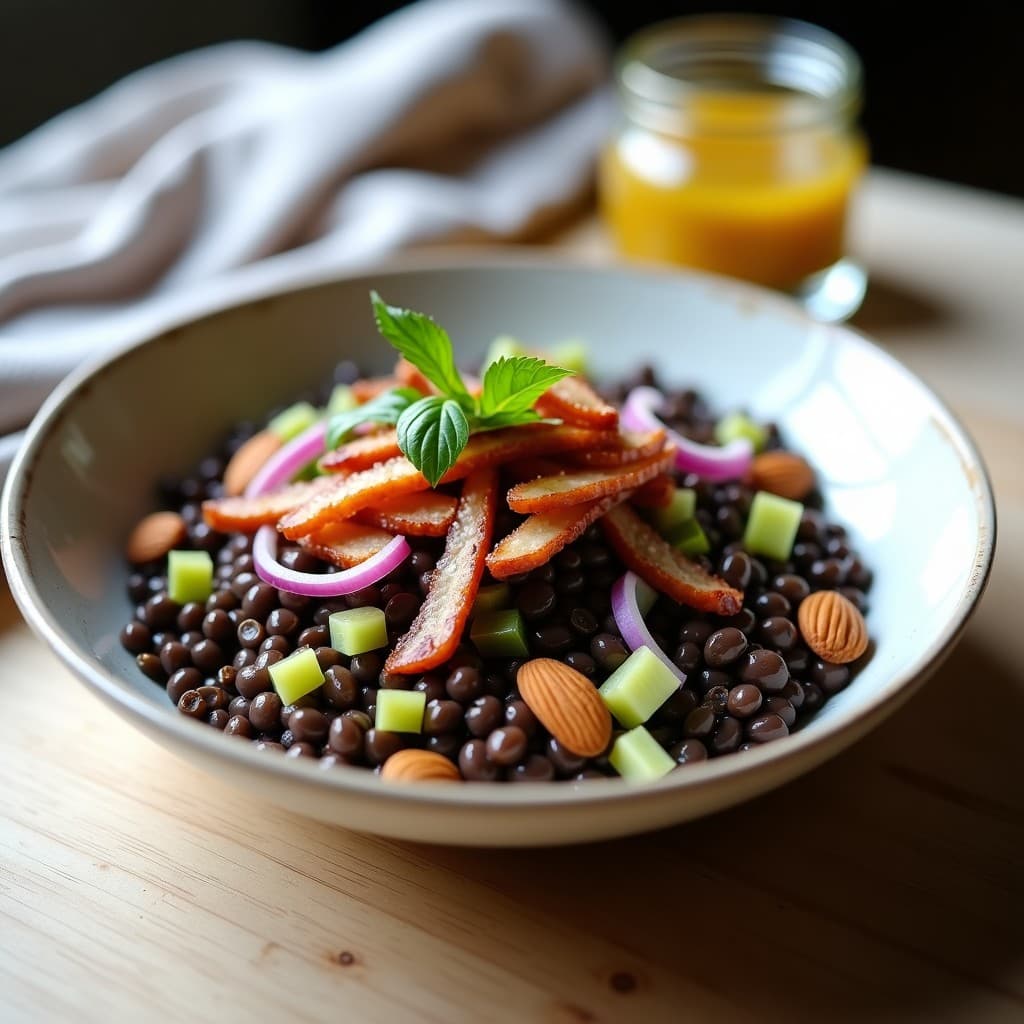 Ensalada tibia de lentejas beluga oscuras con tiras doradas de bacon de tempeh crujiente, cebolla morada, apio fresco y almendras fileteadas, bañada en una vinagreta de mostaza de Dijon y estragón. Plato keto y vegano con textura firme y colores vibrantes.