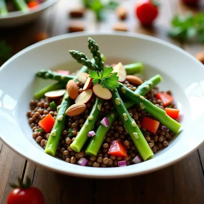 Ensalada fría de lentejas pardinas con espárragos trigos negros, cebolla morada, pimiento rojo y almendras fileteadas, servida en un bol de cerámica blanca con aliño brillante.