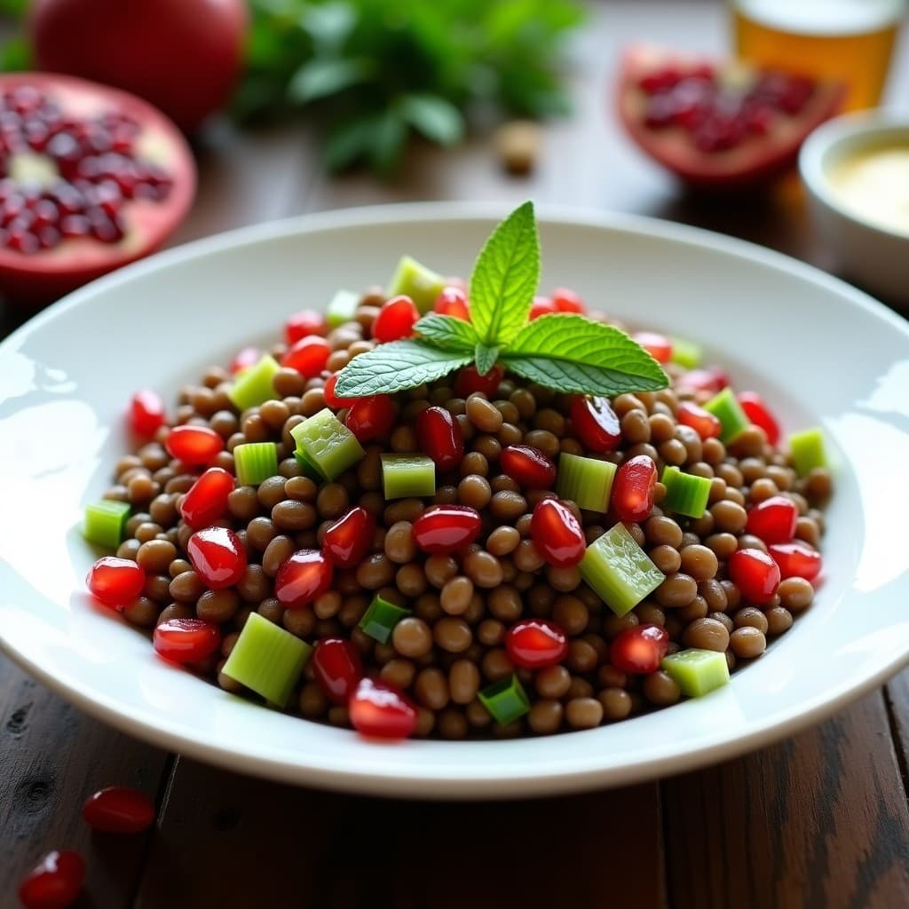 Ensalada persa vibrante en bol de cerámica blanca con lentejas pardinas, semillas de granada rojas, hojas de mint fresco, nueces troceadas y cebolla morada en juliana, bañada en vinagreta dorada. Plato fresco y alto en antioxidantes.