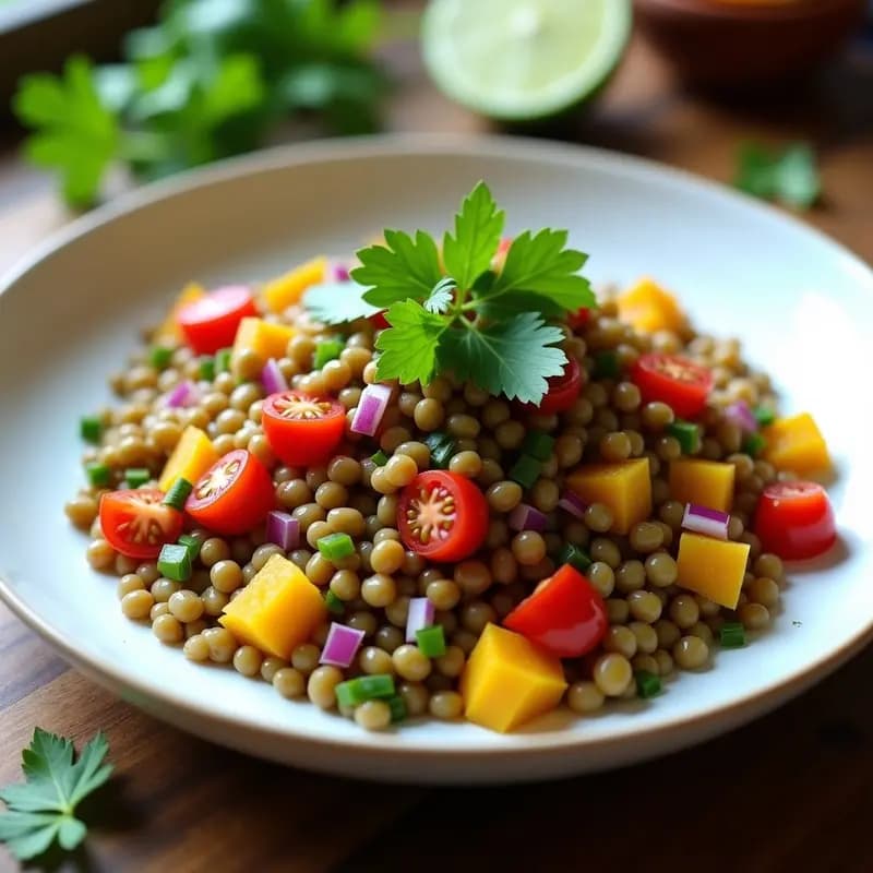 Ensalada peruana fresca de lentejas pardinas con pulpa de granadilla, cebolla morada, tomate y cilantro, servida en un bol de cerámica blanca sobre fondo rústico de madera.