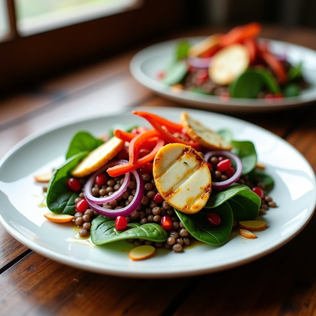 Ensalada mediterránea alta en proteína con lentejas pardinas, granos de granado rojos vibrantes, rodajas doradas de queso halloumi y espinacas frescas, servida en un plato blanco con almendras tostadas y aderezo de vinagreta de limón y comino.