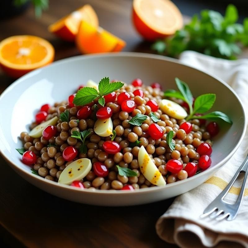 Ensalada fresca de lentejas pardinas, granos de granada rojos brillantes y hinojo en juliana fina, servida en un bol de cerámica blanca con vinagreta de naranja. Decorada con hojas de perejil y rodajas de naranja al fondo. Plato colorido y apetecible típico de la cocina griega vegana.