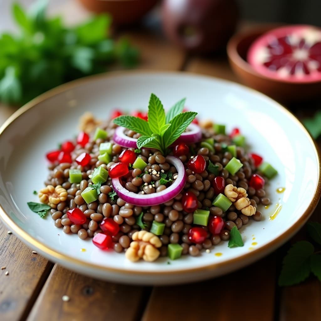 Ensalada vegana de lentejas pardinas con semillas de granado rojas brillantes, hojas de menta verde fresco y nueces troceadas, servida en un plato de cerámica blanca con bordes dorados. Toque iraní con especias visibles y semillas de sésamo espolvoreadas.