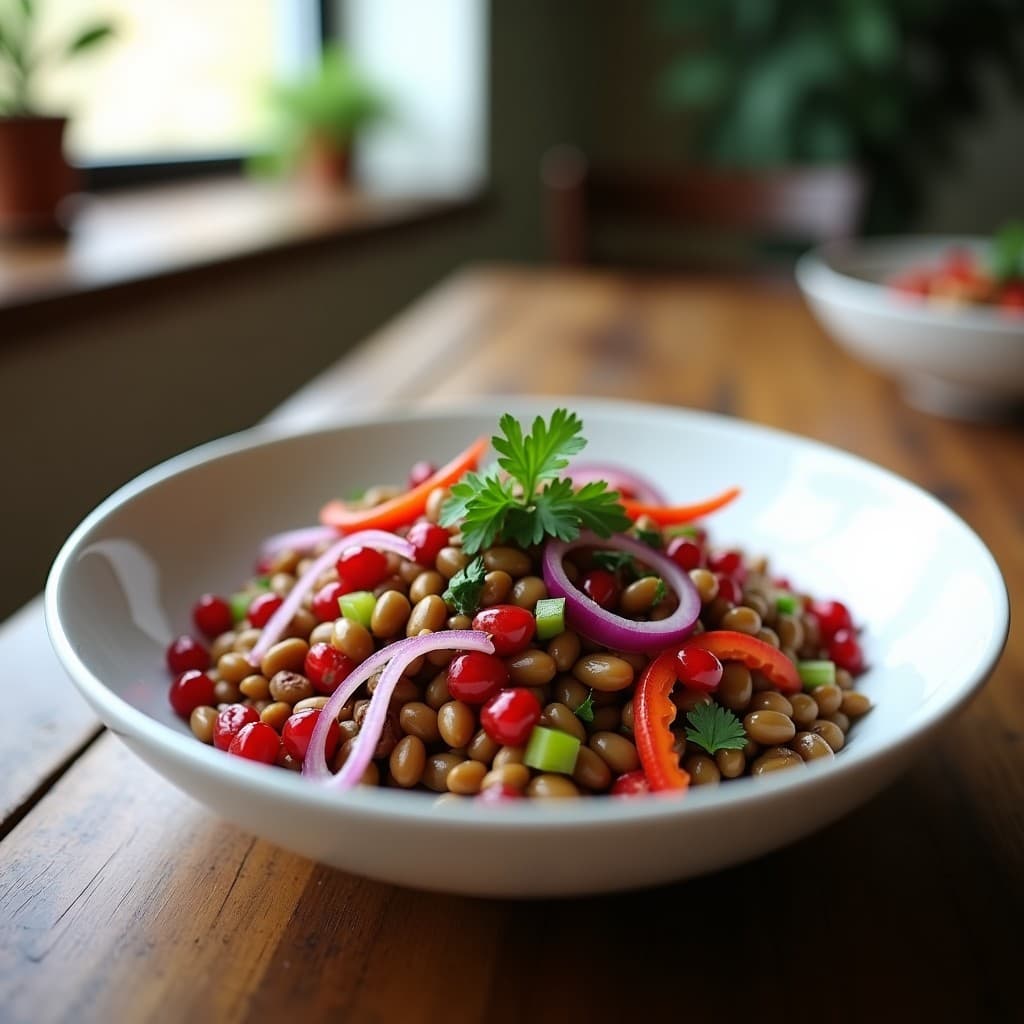 Ensalada fría en bol blanco con lentejas pardinas, granos de granada rojos brillantes, cebolla morada, pimiento asado y nueces, bañada con vinagreta de vinagre de Módena. Receta española keto lista para servir.
