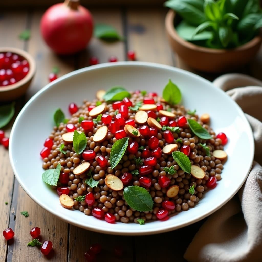 Ensalada de lentejas pardina en un bol de cerámica blanca, con semillas de granada rojas brillantes, hojas de menta verde fresco y almendras fileteadas tostadas. La vinagreta de granado cubre ligeramente las lentejas, creando un contraste de colores vibrantes entre el marrón de las lentejas, el rojo intenso de la granada y el verde de la menta.