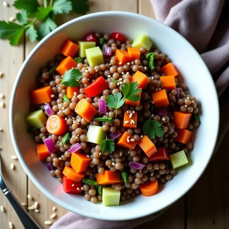 Ensalada fría de lentejas pardinas con zanahoria, cebolla morada, pimiento rojo y apio, bañada en vinagreta de tamari y jengibre, decorada con semillas de sésamo y perejil fresco. Plato colorido y alto en fibra.