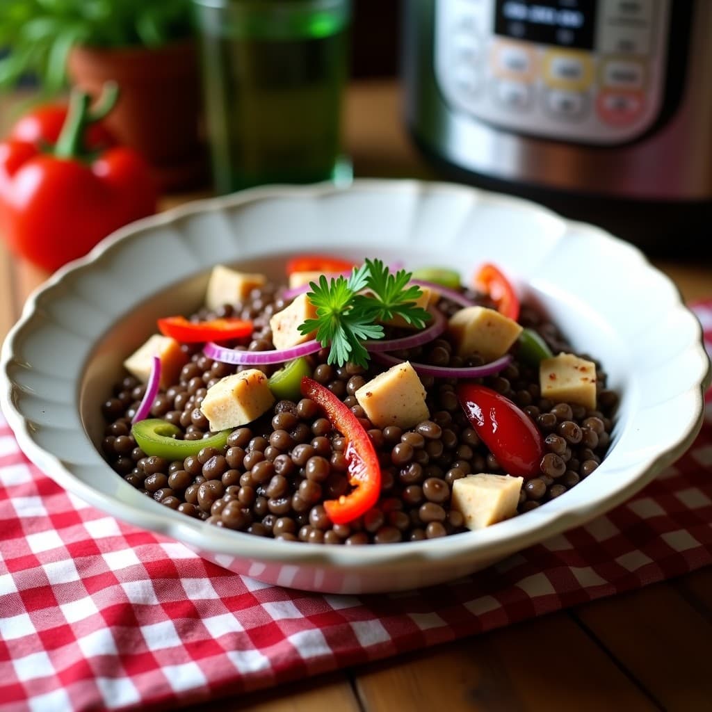 Ensalada vasca en bol de cerámica blanca con lentejas pardinas, trozos de ventresca de atún, tiras de pimientos asados rojos y verdes, cebolla morada y perejil fresco. La vinagreta brilla sobre los ingredientes, y al fondo se ve una olla a presión y un paño de cuadros rojos y blancos típico vasco.