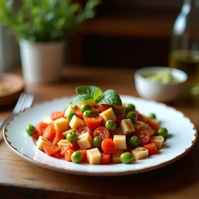 Ensalada fría andaluza de lentejas pardinas con trozos de ventresca de atún, tiras de pimiento asado rojo, cebolla morada en juliana, huevo duro picado y perejil fresco, servida en un bol de barro con vinagreta de aceite de oliva y pimentón.