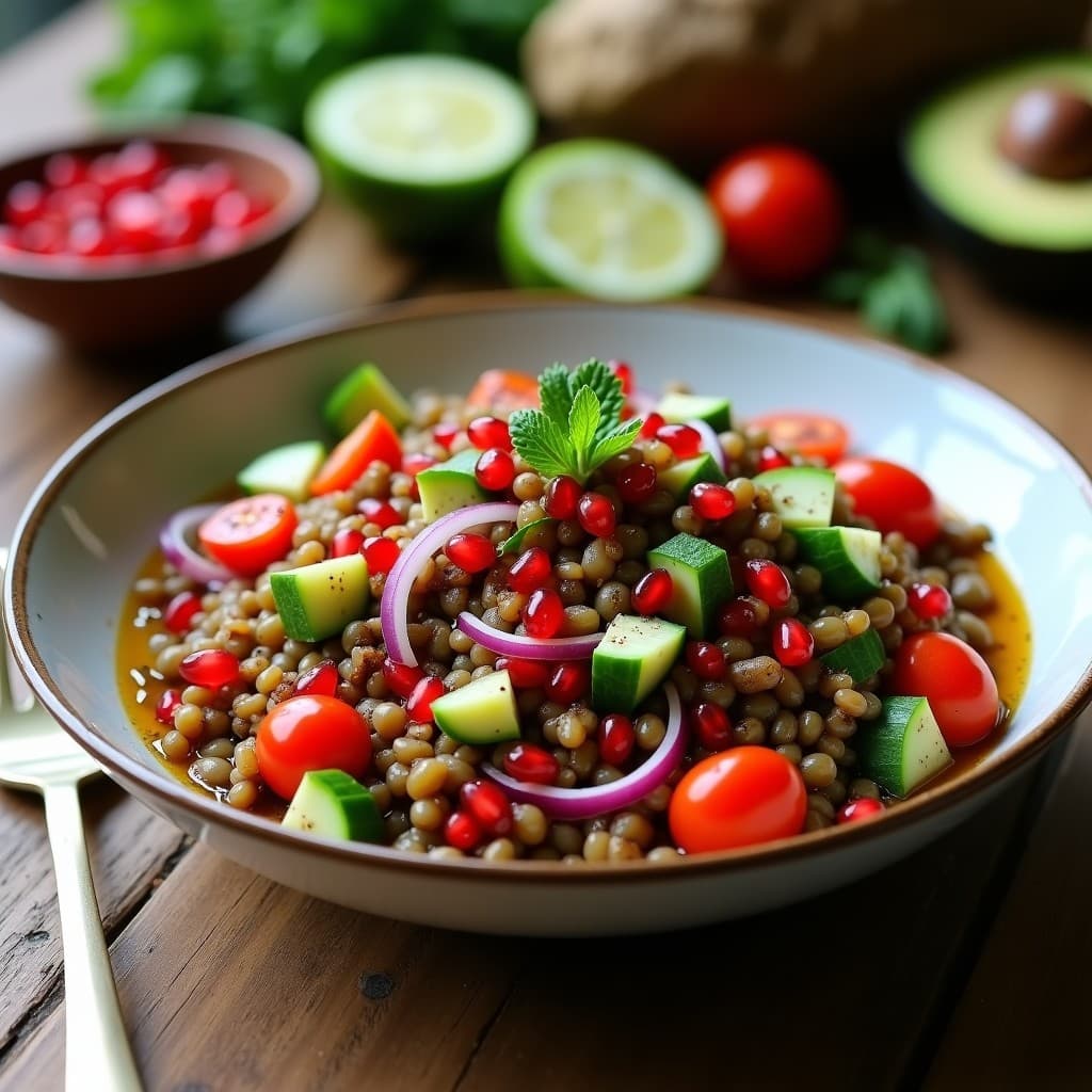 Ensalada fresca de lentejas cocidas con pepino, tomate cherry, cebolla morada, semillas de granada y hierbabuena, aliñada con vinagreta de granada y espolvoreada con zaatar, servida en un bol blanco sobre fondo rústico.