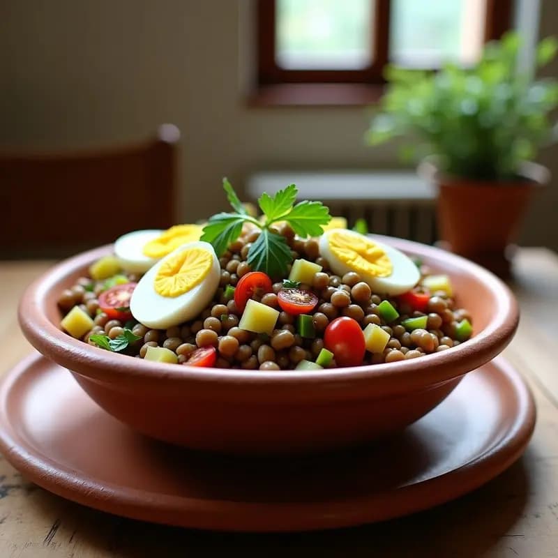 Ensalada fría de lentillas con trozos de atún, huevo duro en rodajas, cebolla morada, pimiento verde y tomate, servida en un bol de barro con perejil fresco y aliñada con aceite de oliva, receta tradicional española de la abuela.