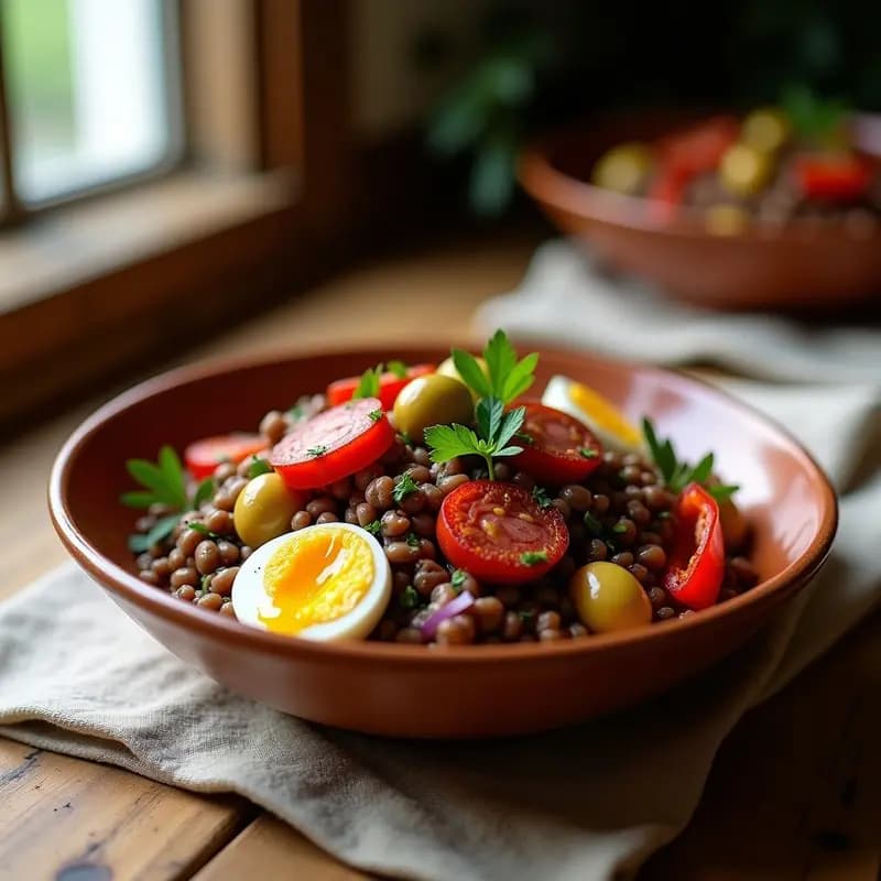 Ensalada fría de lentillas con rodajas de chorizo dorado, tiras de pimiento asado, huevo duro y aceitunas verdes, servida en un bol rústico de barro con perejil fresco espolvoreado.