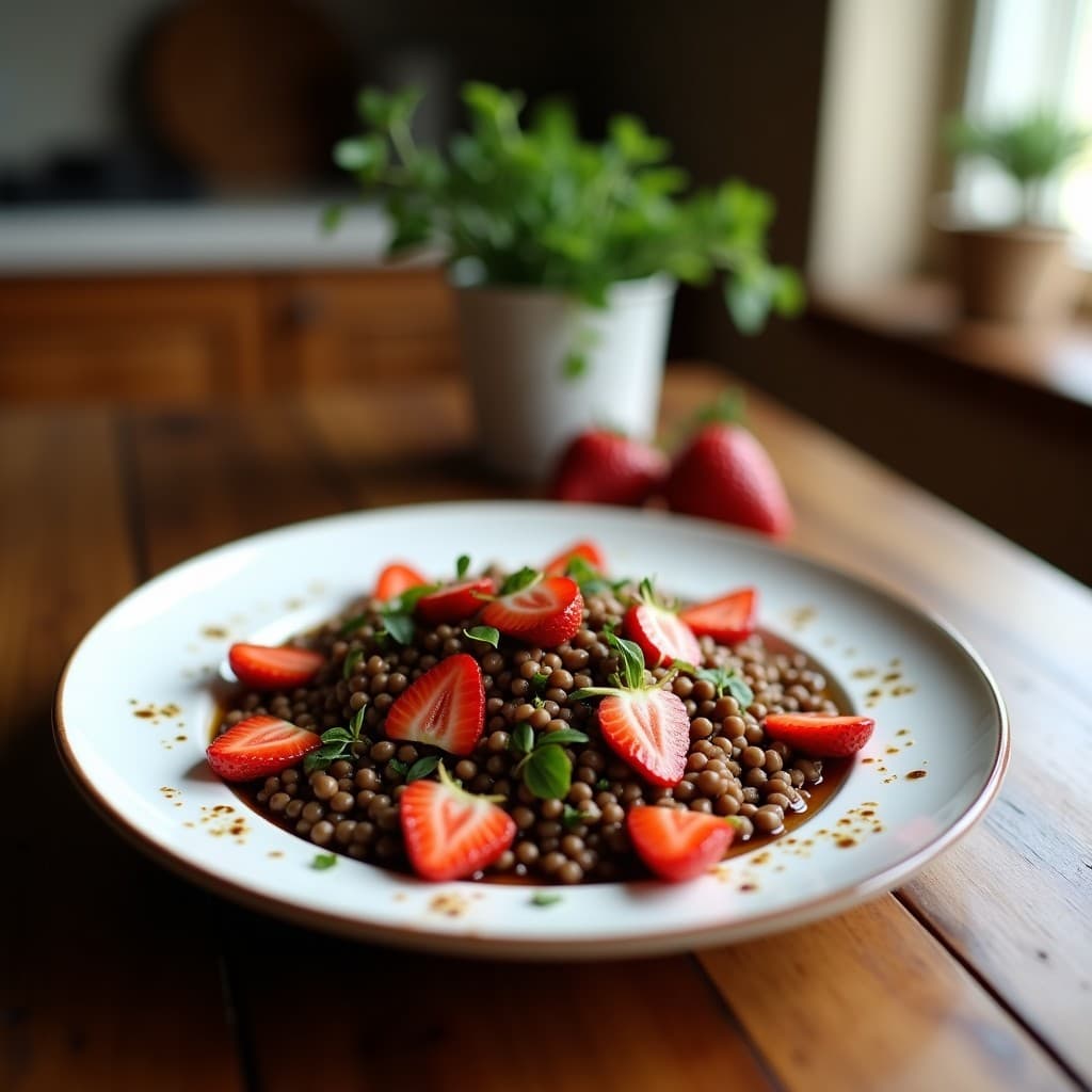 Ensalada francesa gourmet de lentillas de Puy, fresas en cuartos, cebolla morada y apio, con vinagreta de balsámico y mostaza, decorada con almendras tostadas y menta fresca en un plato de cerámica blanca sobre fondo rústico.