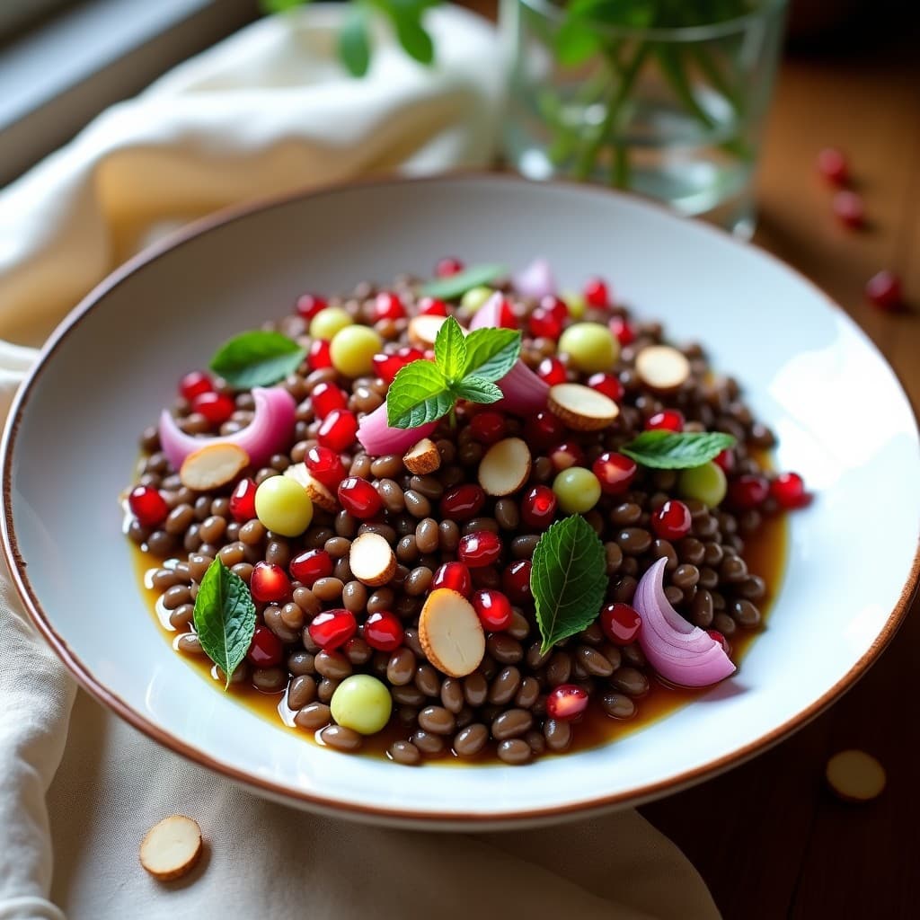Ensalada fría de lentillas pardinas en un plato blanco hondo, con granos de granada rojos, cebolla morada en juliana, pimiento asado, almendras tostadas y hojas de menta verde. La vinagreta brilla sobre los ingredientes, destacando el contraste de colores y texturas.