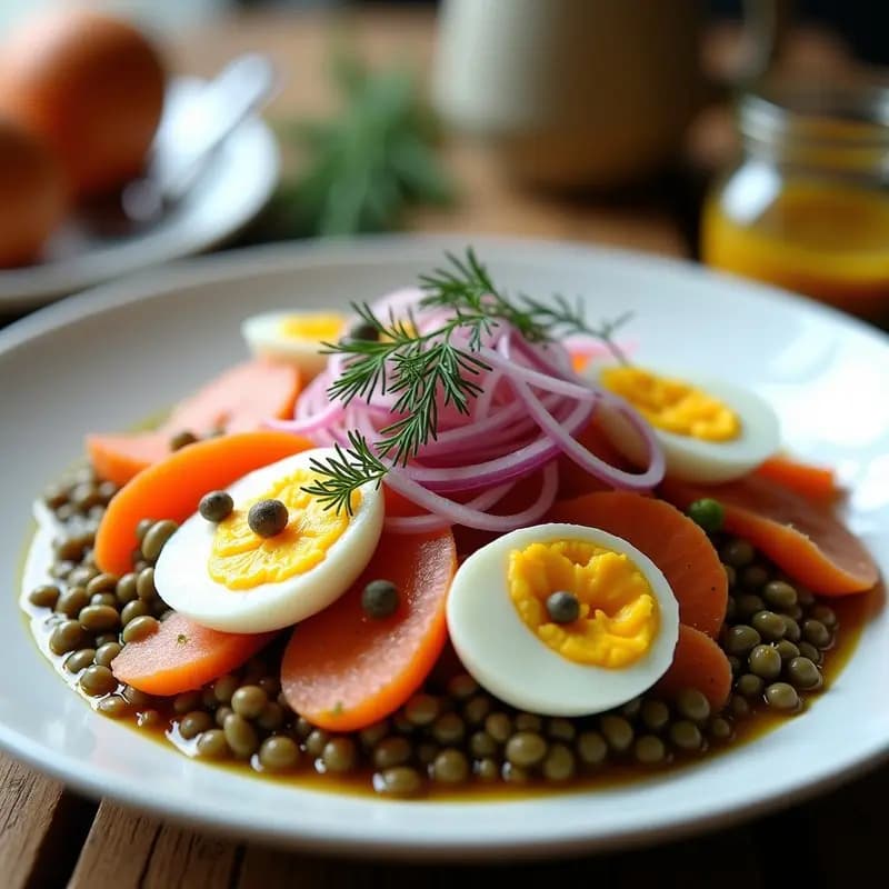 Ensalada francesa de lentillas de Puy templadas con trozos de salmón ahumado, huevos de codorniz cortados por la mitad, cebolla morada en juliana, zanahorias en rodajas y rábanos. Decorada con eneldo fresco, alcaparras y vinagreta brillante, servida en plato blanco hondo.