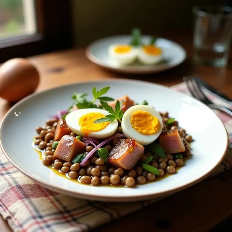 Ensalada fría de lentillas con trozos de ventresca de atún, cebolla morada caramelizada, pimiento verde y huevo duro, decorada con perejil fresco y aliñada con vinagreta de Jerez.