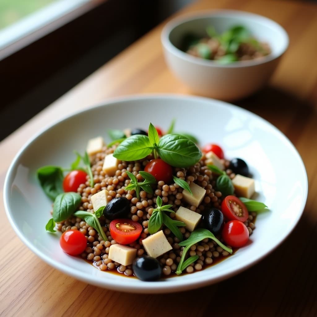 Ensalada italiana en bol de cerámica blanca con lentillas marrones, trozos de ventresca de atún, rúcula verde, tomates cherry rojos y aceitunas negras, bañada en vinagreta de vinagre de Módena. Decorada con hojas de albahaca fresca y servida sobre mesa de madera rústica.