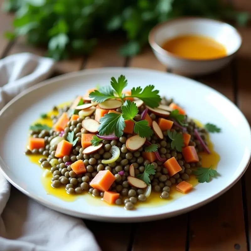 Ensalada francesa vegana de lentillas con vinagreta de naranja y comino, servida en plato blanco con verduras moradas, hinojo, apio y almendras tostadas, bañada en una vinagreta dorada y especiada.
