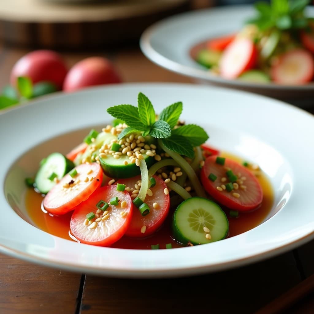 Ensalada fresca de lichi y pepino con vinagreta de sésamo, servida en un plato blanco con semillas de sésamo negro y blanco espolvoreadas, cebollino picado y hojas de menta. Receta china crudivegana refrescante.
