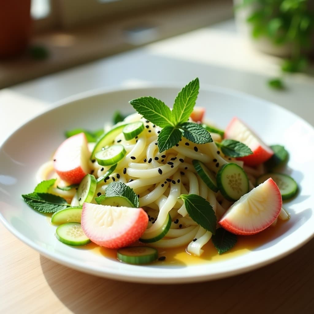 Ensalada china refreshing de litchi, pepino persa y menta fresca en bol de porcelana blanca, con vinagreta de jengibre y salsa de ostras vegana, decorada con semillas de sésamo negro y pimienta de Sichuan.