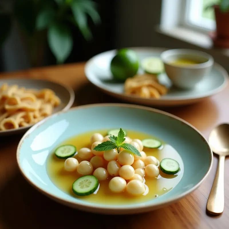 Ensalada fresca de litchi y pepino en bol blanco, con rodajas de lime, semillas de sésamo y hojas de menta. Vinagreta dorada de sésamo y lima vertida sobre los ingredientes. Plato refrescante y colorido, ideal para verano.
