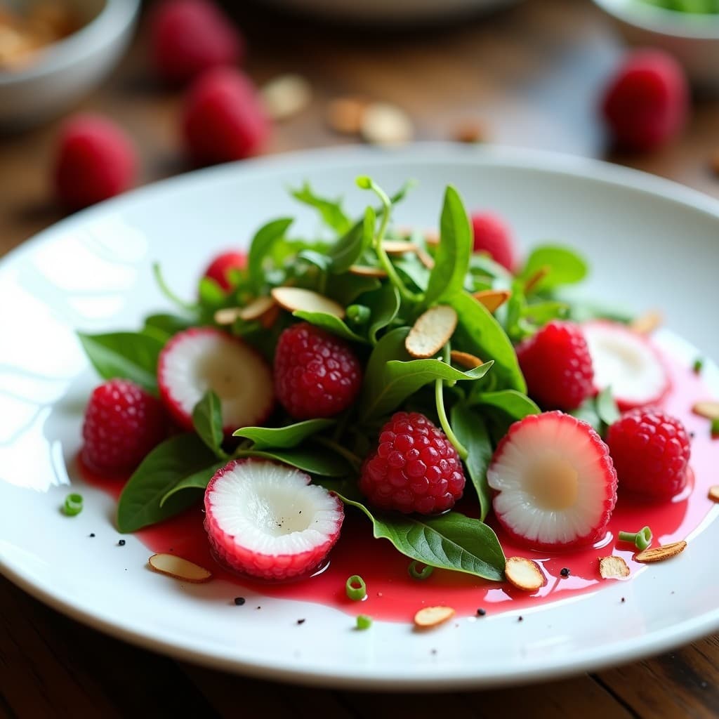 Ensalada crudivegana de litchi y rúcula con vinagreta de frambuesa, servida en plato blanco sobre fondo de madera clara. Los litchis brillantes en trozos, las hojas de rúcula frescas, frambuesas enteras y almendras tostadas espolvoreadas, con un hilo de vinagreta rosada y hojas de menta como decoración.