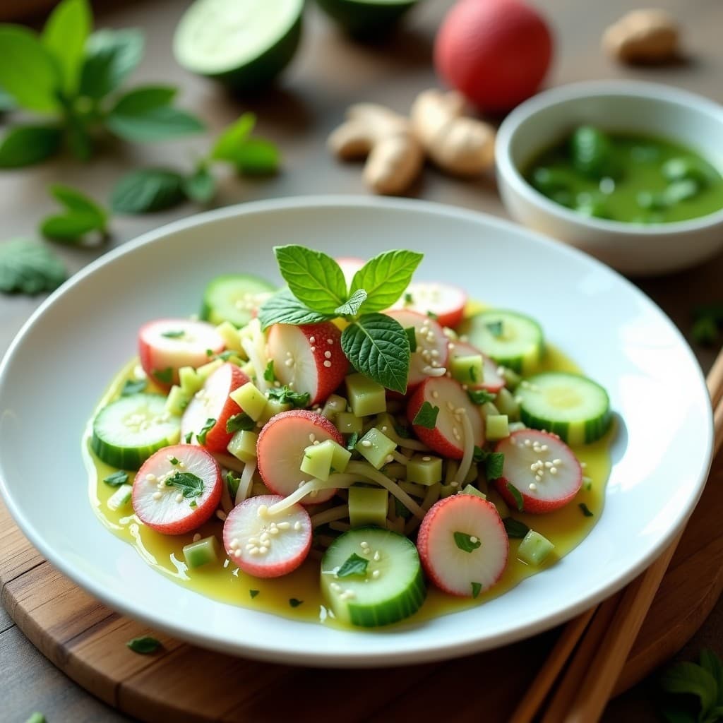 Ensalada tailandesa fresca de litchis y pepino en plato blanco, con vinagreta de menta, semillas de sésamo y hojas de cilantro. Fondos de ingredientes dispersos: limón verde, jengibre y menta.