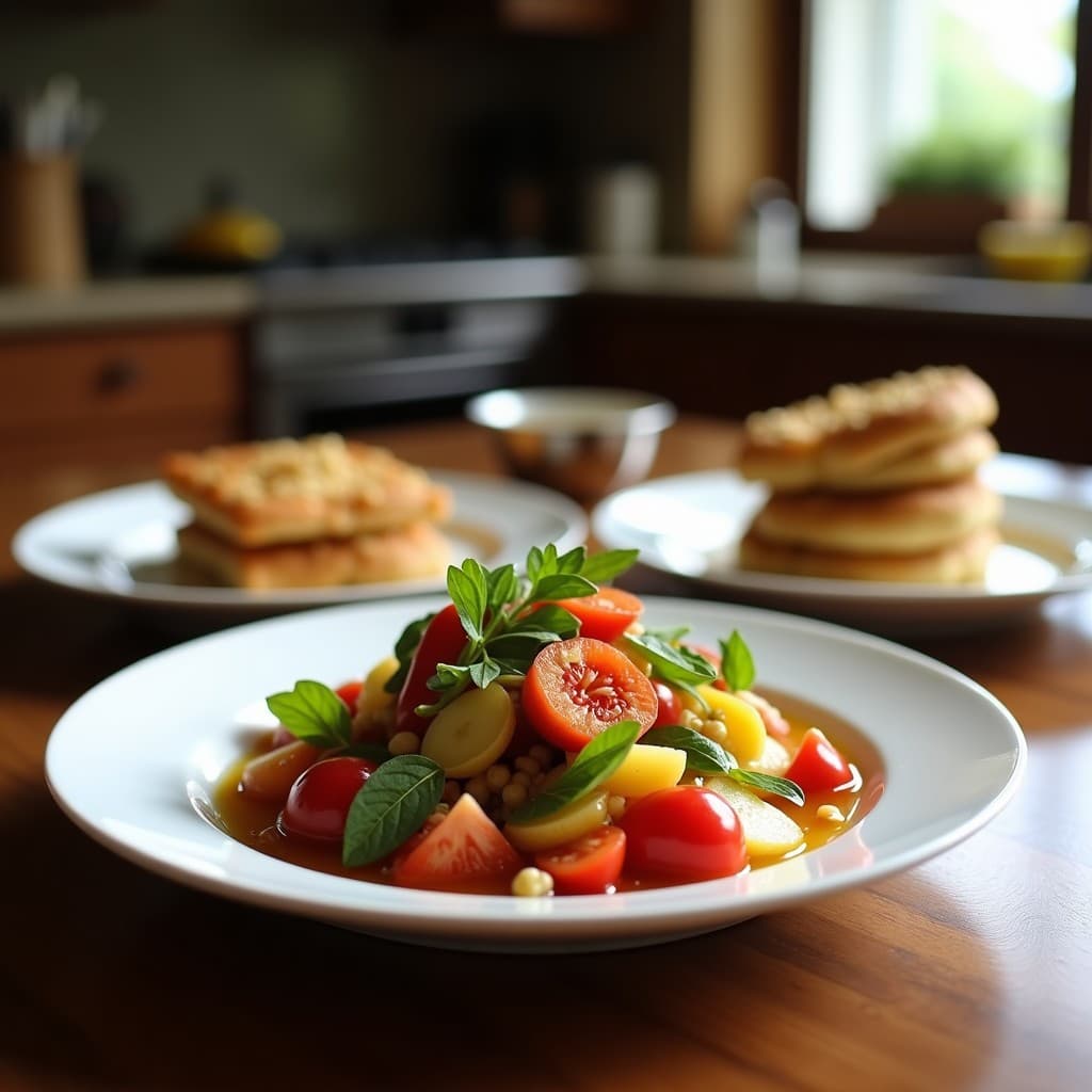 Ensalada fresca y colorida de lúculo en tiras verdes, fresas en láminas rojas y almendras tostadas doradas, servida en un plato blanco con vinagreta de vinagre de frambuesa brillante. Receta española de temporada.
