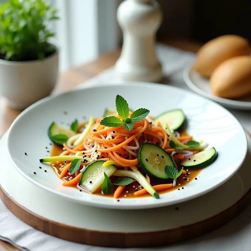 Plato blanco ovalado con ensalada de Luz de Luna: flores de calabacín frescas, juliana de pepino, zanahoria y cebolla morada, aliñadas con vinagreta de sésamo negro. Decorada con sésamo tostado y hojas de menta fresca. Fondos claros y luz natural para resaltar colores vibrantes.