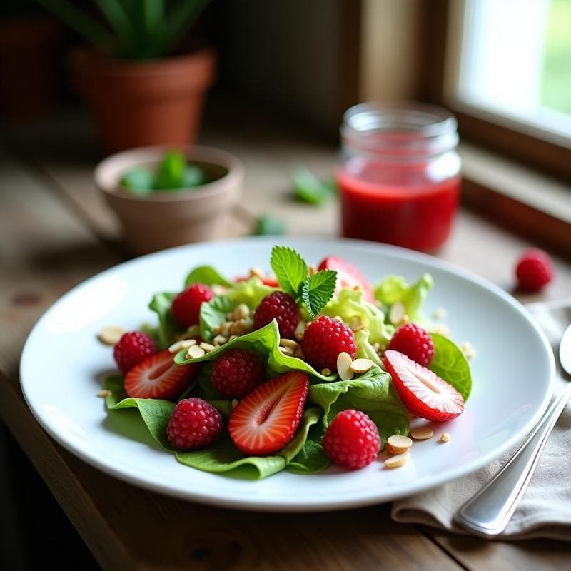 Plato blanco ovalado con ensalada de mache y fresas en láminas, frambuesas enteras, almendras tostadas y vinagreta de frambuesa, decorado con hojas de menta. Receta francesa alta en antioxidantes.