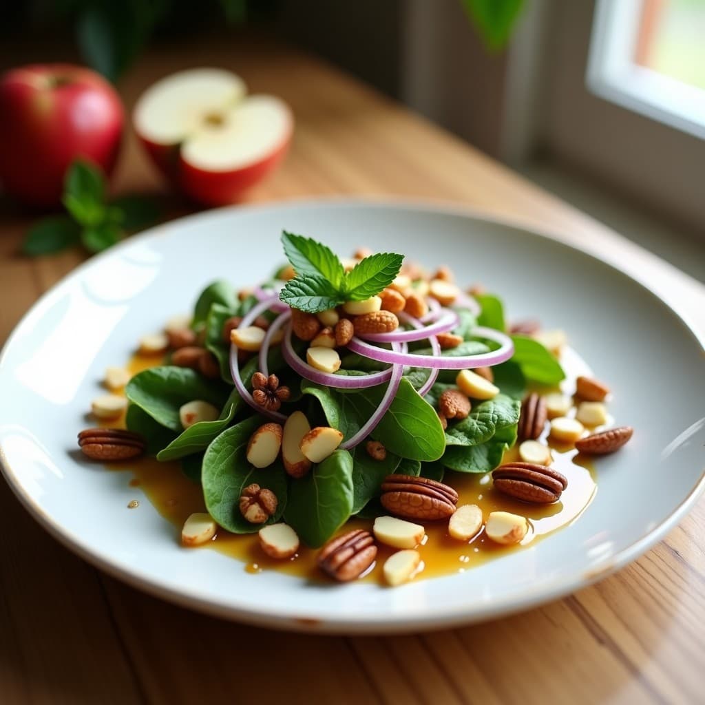 Ensalada francesa de mache fresco con frutos secos tostados (almendras, nueces pecanas y avellanas), cebolla morada en juliana y vinagreta de vinagre de manzana y miel de lavanda, decorada con hojas de menta. Plato blanco rústico sobre fondo de madera clara.