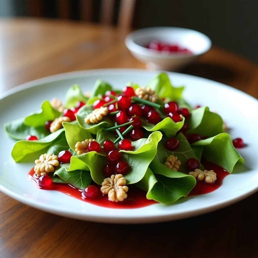 Ensalada francesa elegante de mache fresco con granos de granado rojos vibrantes, vinagreta de frambuesa brillante, nueces tostadas y cebollino picado, servida en plato blanco de porcelana.