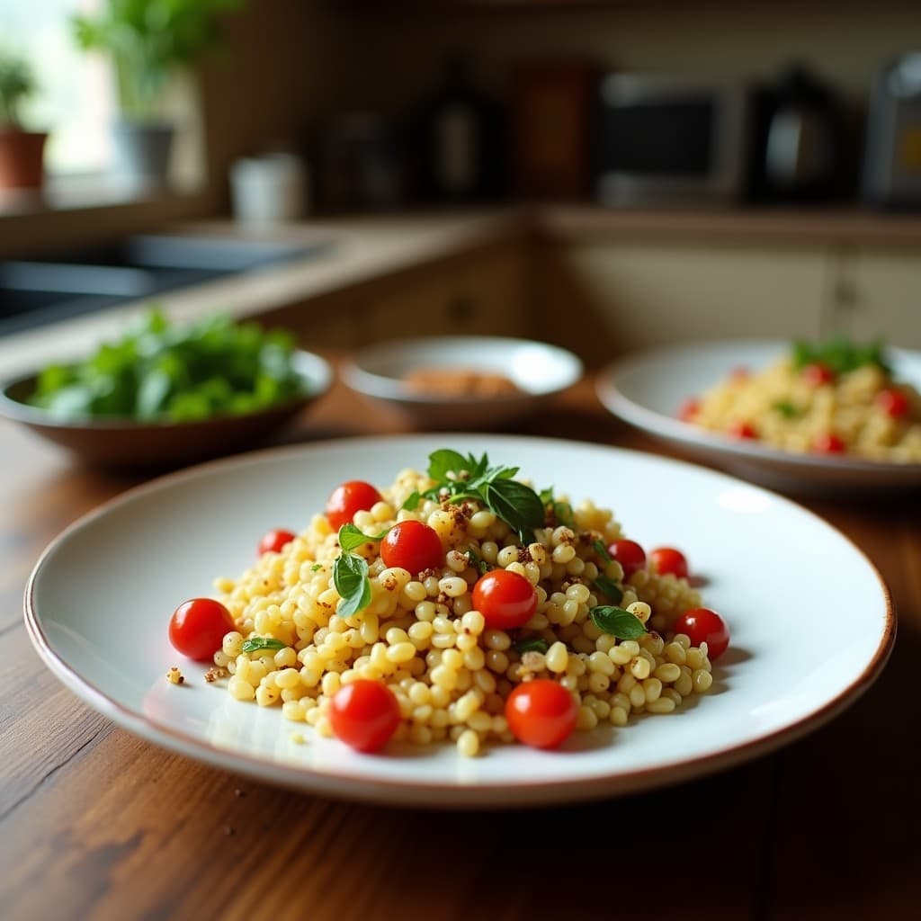 Ensalada elegante de hojas verdes de mache con granos de granada rojos brillantes y semillas de sésamo tostado, aderezada con vinagreta de grano de granada, servida en plato blanco con detalles de menta fresca.