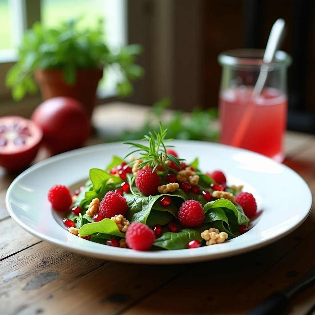 Ensalada francesa de hojas de mache verde intenso con semillas de granado rojas brillantes, frambuesas frescas, nueces tostadas y vinagreta de frambuesa en un plato blanco de porcelana, servida sobre una mesa rústica de madera con luz natural.