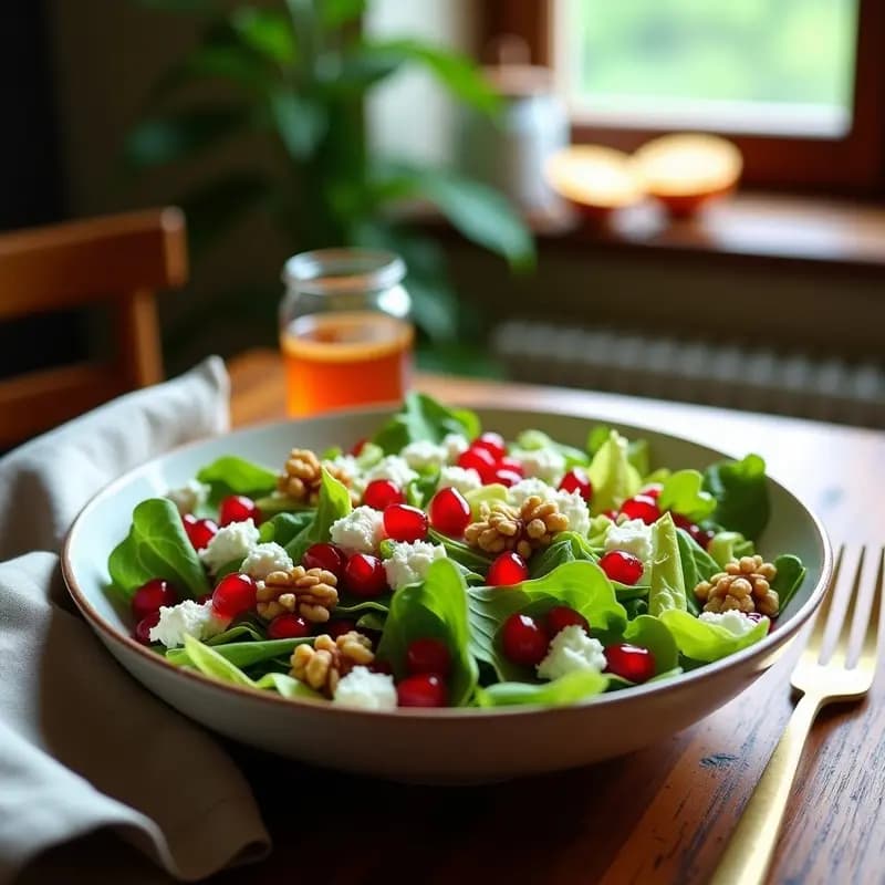 Ensalada fresca de mache y granados de granada con trozos de queso de cabra y nueces, aliñada con vinagreta de vino de naranja. Plato keto servido en un bol blanco sobre fondo rústico.