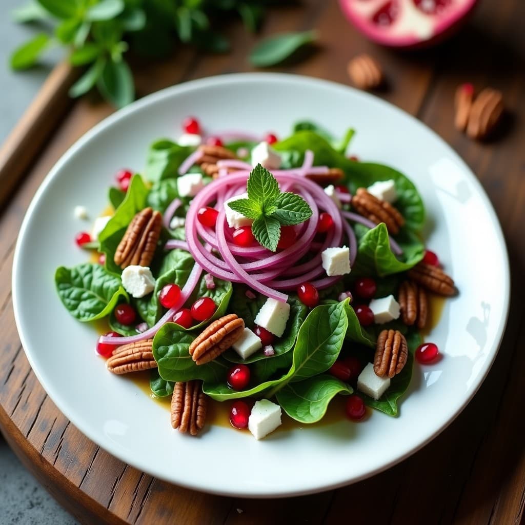 Ensalada gourmet francesa de mache fresco con semillas de granado rojas vibrantes, cebolla morada en juliana, queso de cabra desmenuzado y nueces pecanas tostadas, servida en un plato blanco con vinagreta de nuez moscada y hojas de menta.