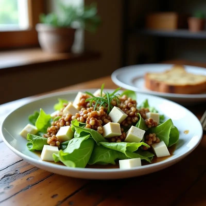 Ensalada francesa elegante de hojas verdes de mache con taquitos de queso manchgo, nueces troceadas y vinagreta brillante de mosto de uva, servida en fuente blanca.